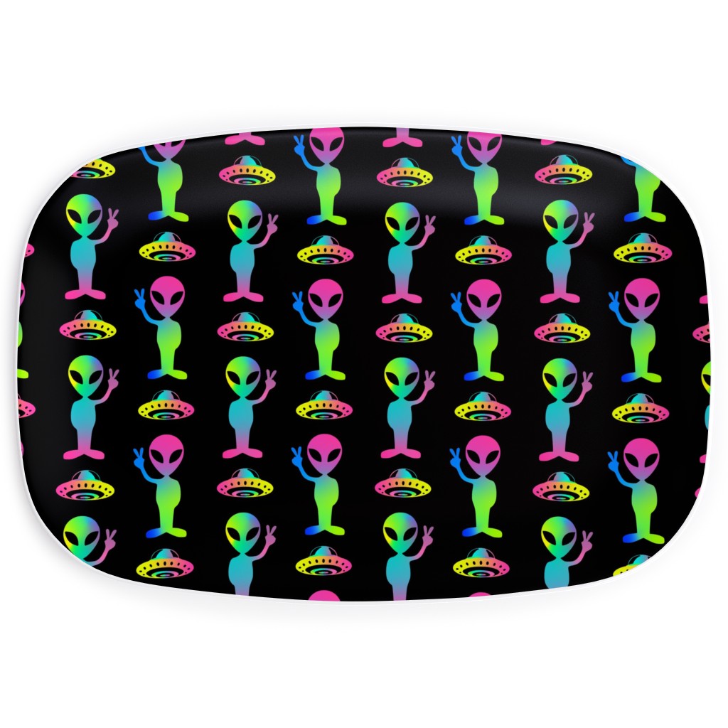 90's Rainbow Aliens and Ufos - Multi on Black Serving Platter, Black, Black