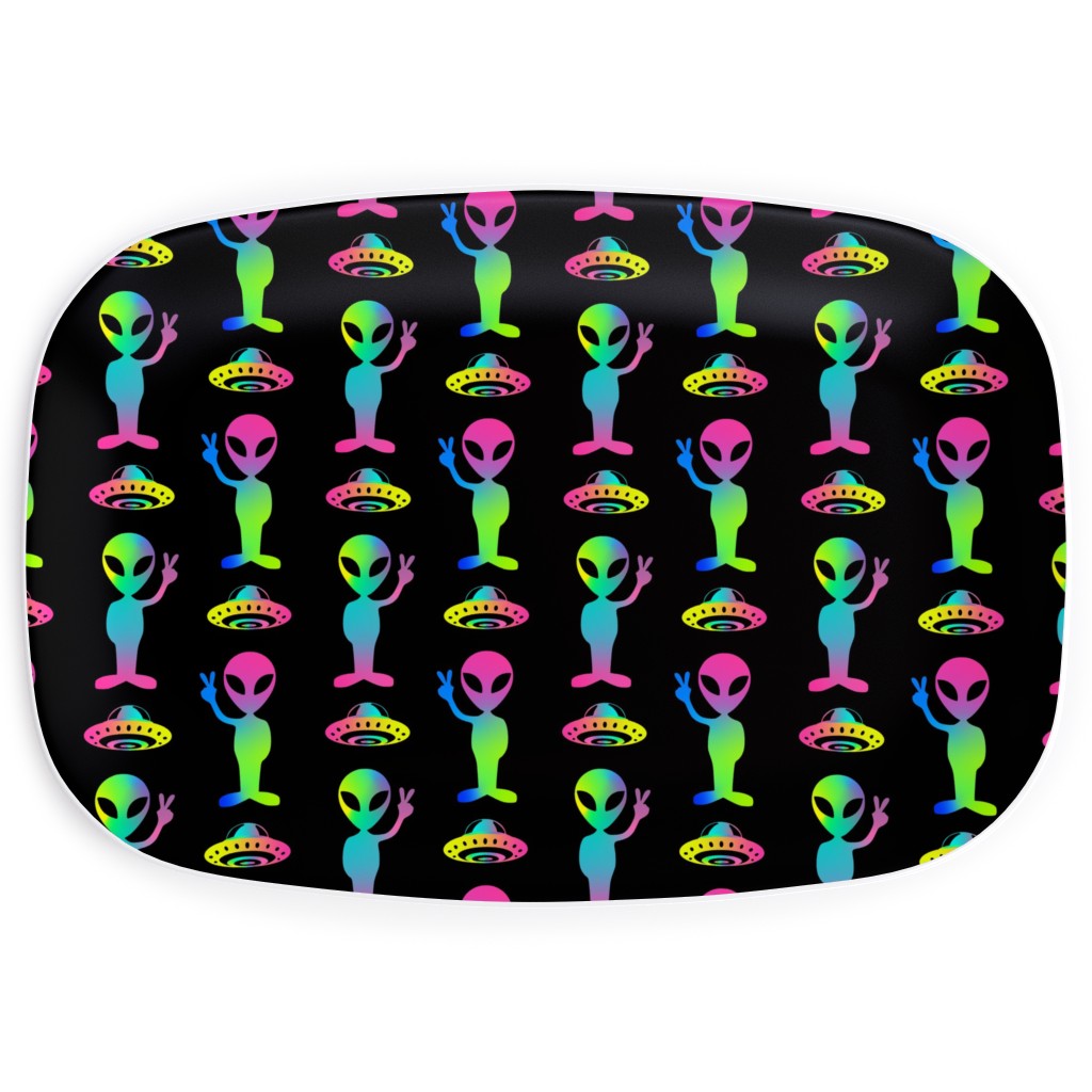 90's Rainbow Aliens and Ufos - Multi on Black Serving Platter, Black