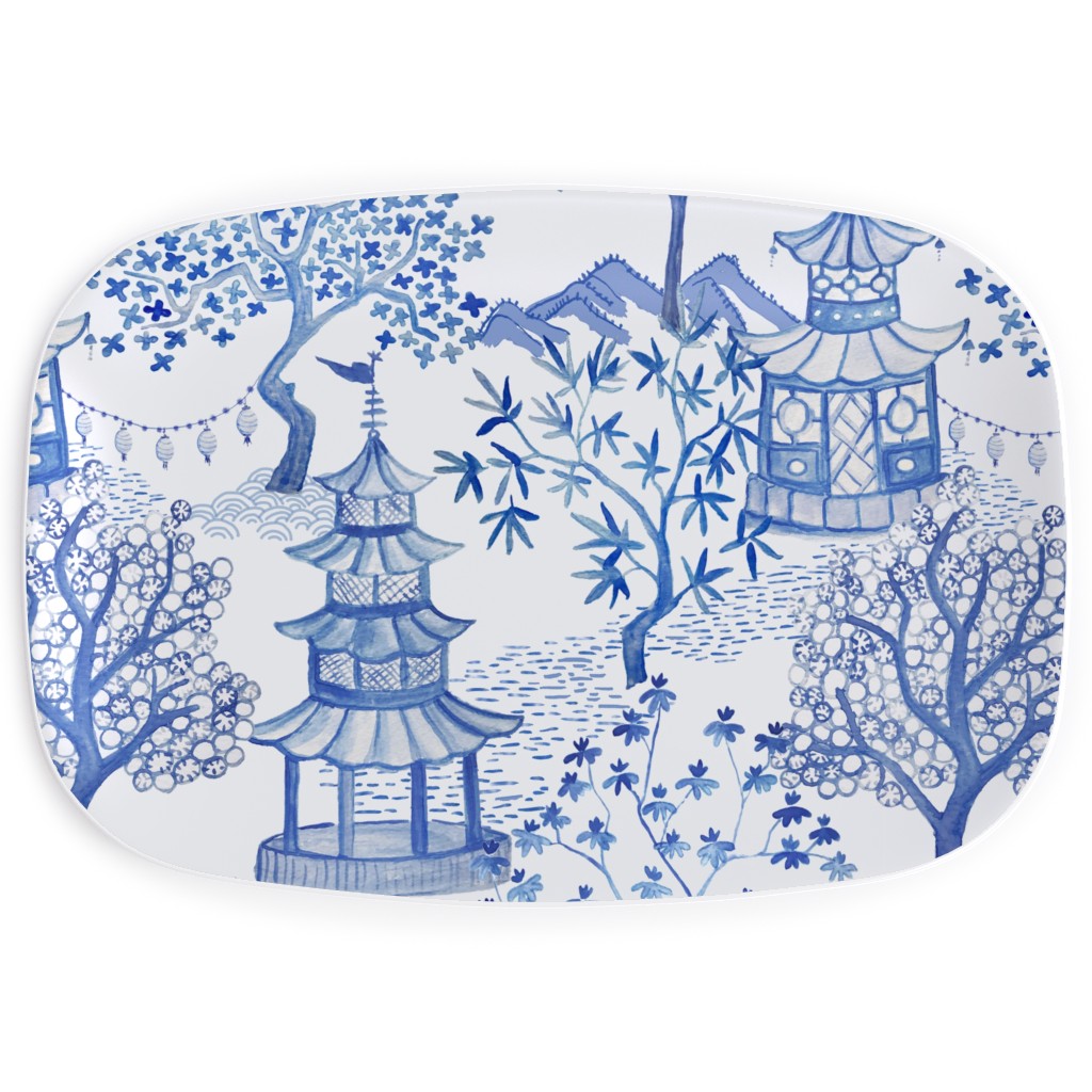 Pagoda Forest in Blues Serving Platter, Blue