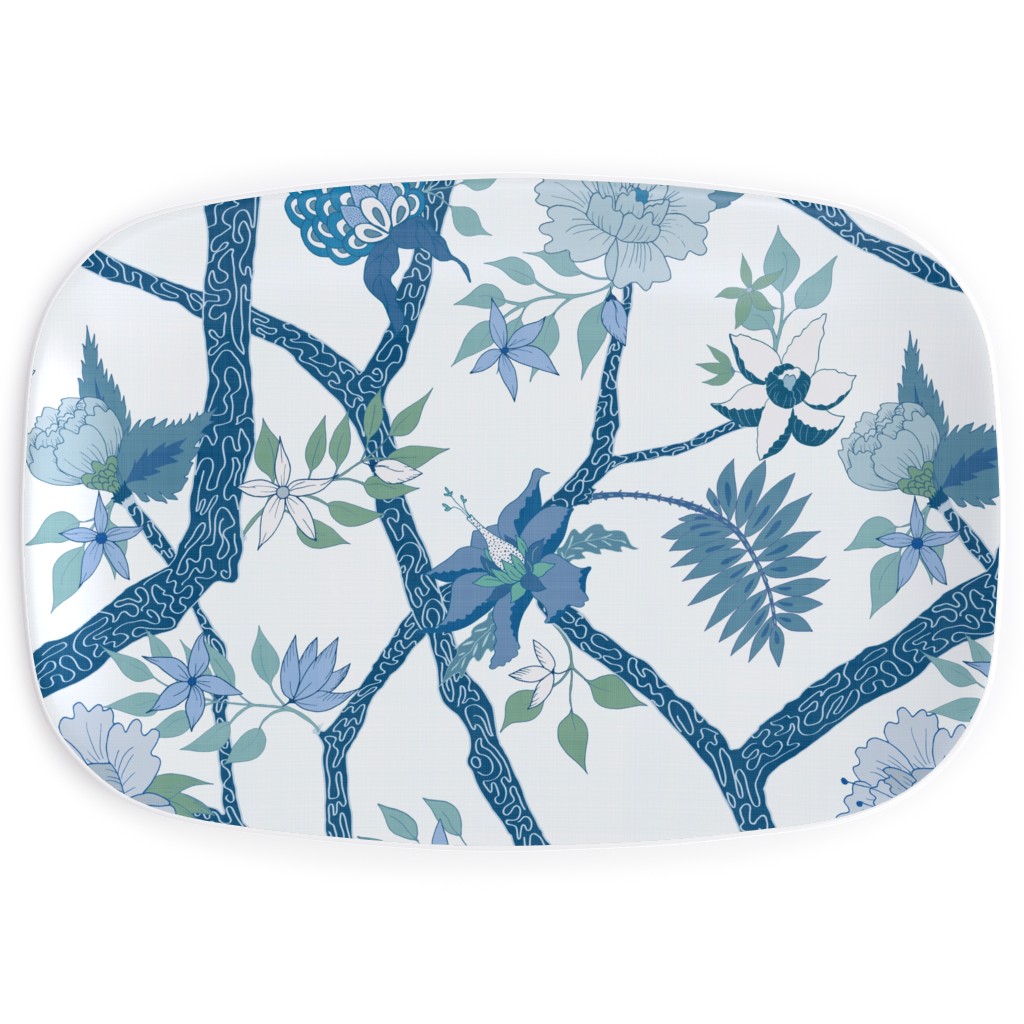 Peony Branch Mural - Blue and Green Serving Platter, Blue, True Blue