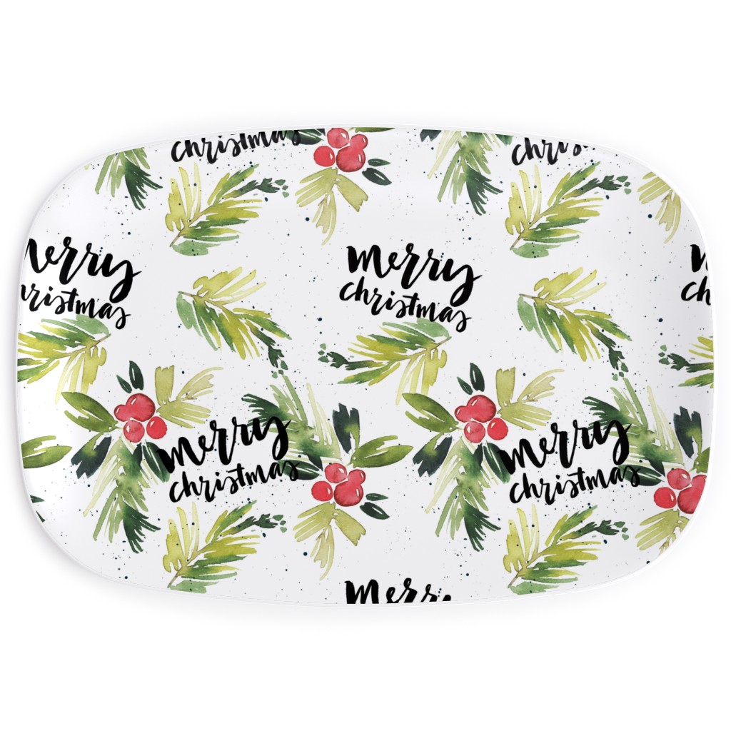 Merry Christmas Red Berry Holly Serving Platter, White, White