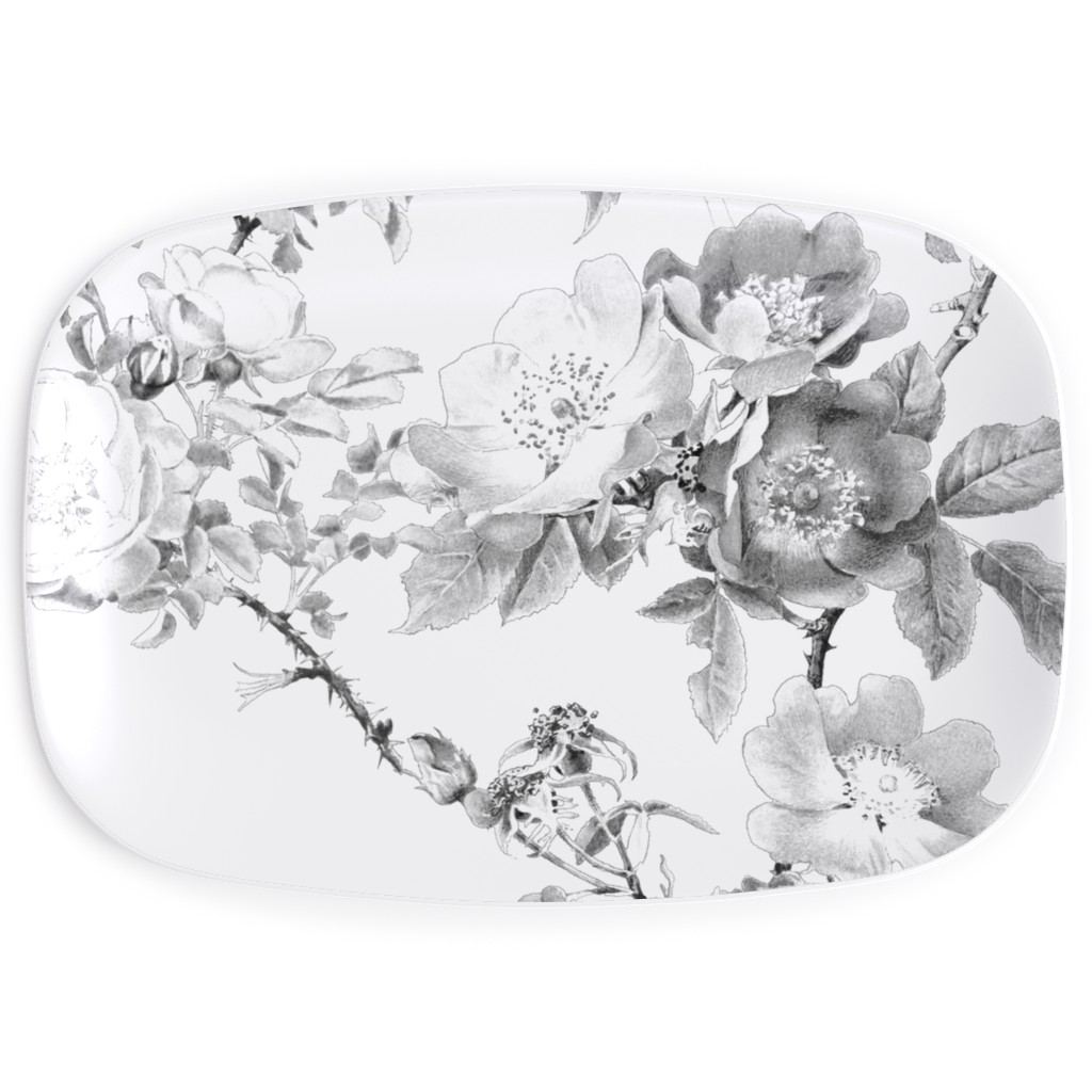 English Rose - Black and White Serving Platter, White, White
