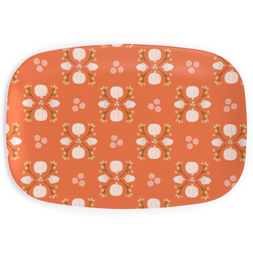 Bright Orange Acorn, Cranberry, & Pumpkin Fall Foliage Damask Serving Platter, Orange