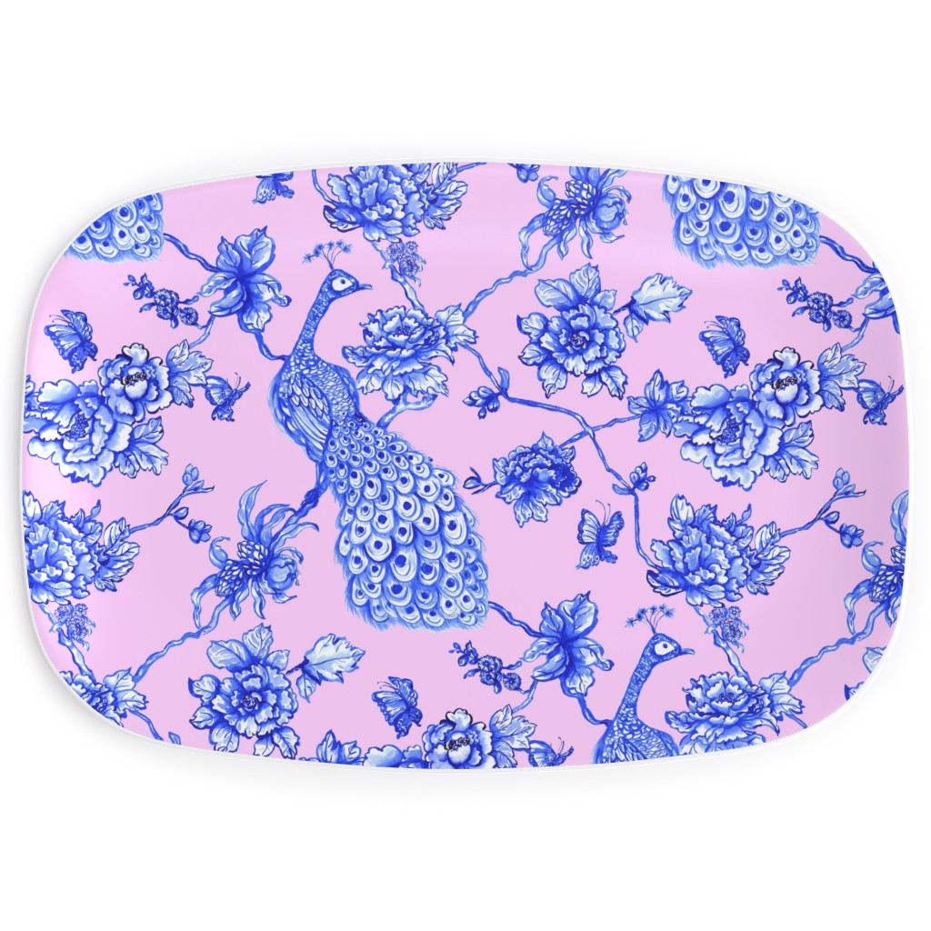 Chinoiserie Peacock Floral Serving Platter, Pink
