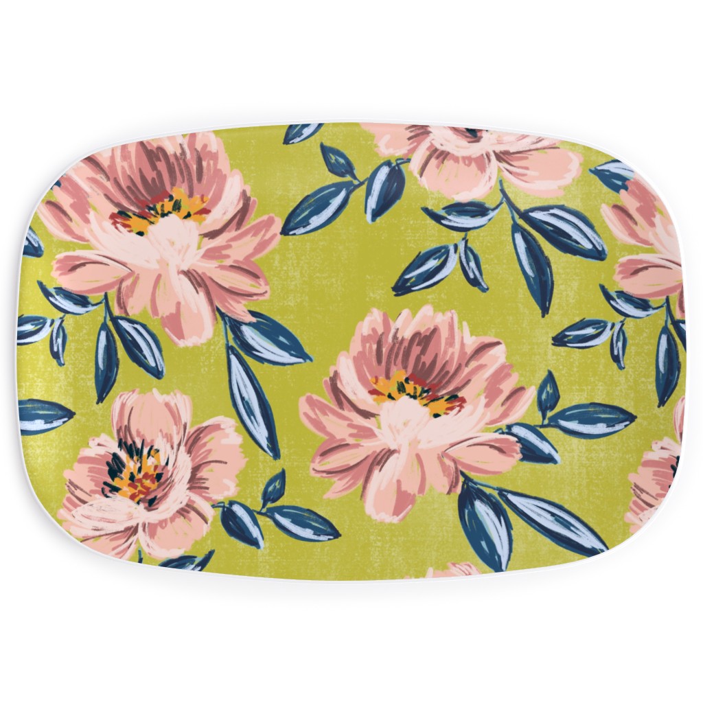 Pink Peonies Serving Platter, Green, Classic Green