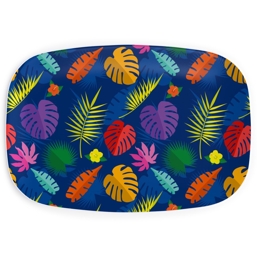 Tropical Leaves - Multi on Blue Serving Platter, Multicolor
