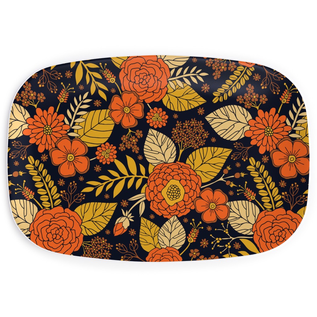 Retro Floral - Orange Brown and Yellow Serving Platter, Orange