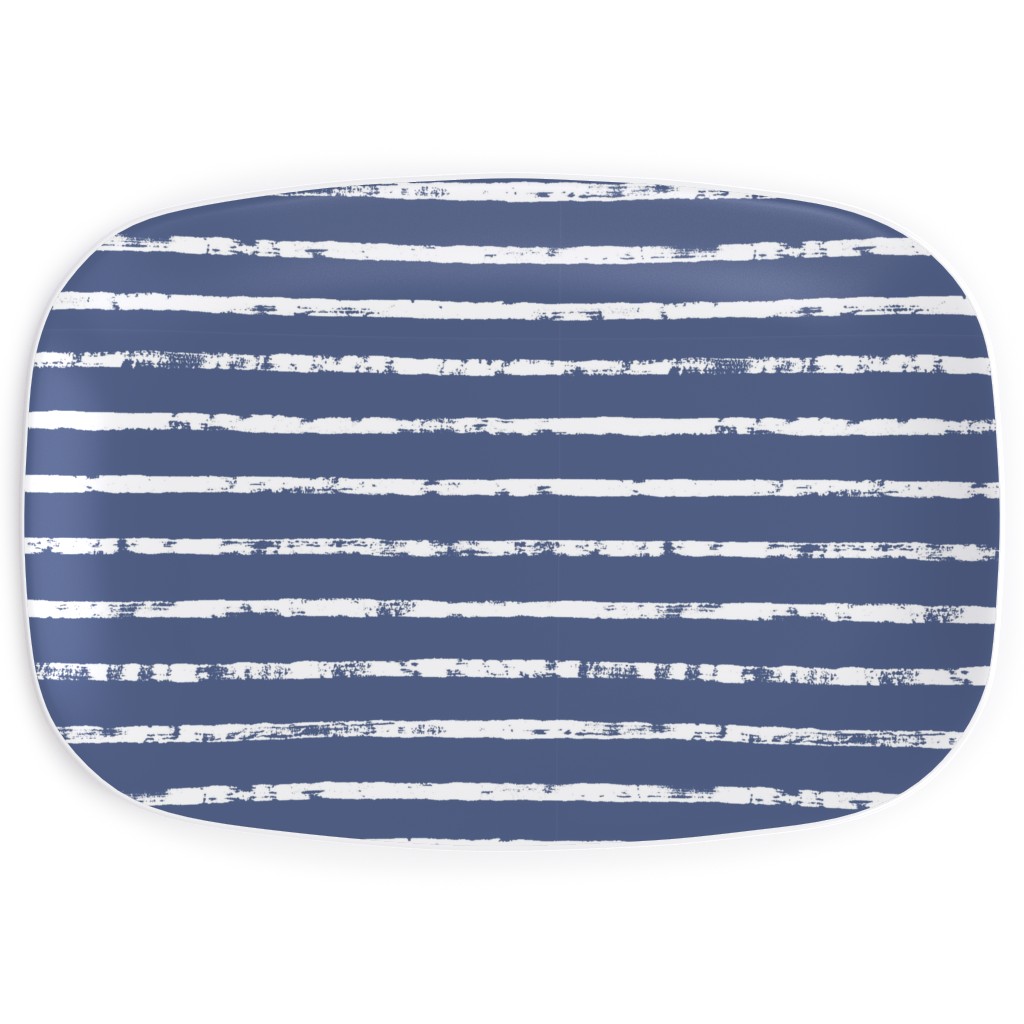 Distressed Dusty Blue and White Stripes Serving Platter, Blue