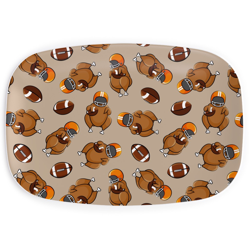 Football Turkey With Helmet and Football - Orange on Tan Serving Platter, Beige