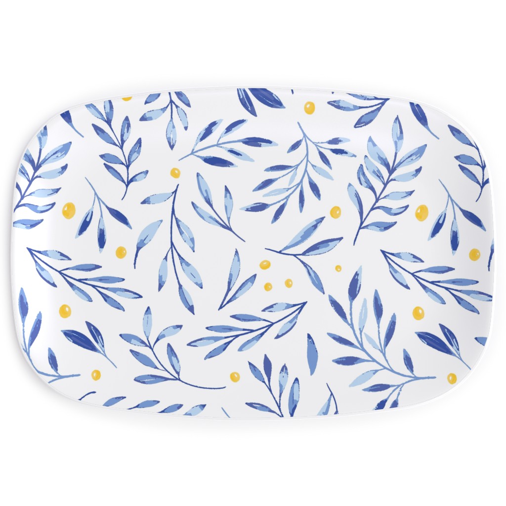 Blue Leaves With Berries Serving Platter, Blue