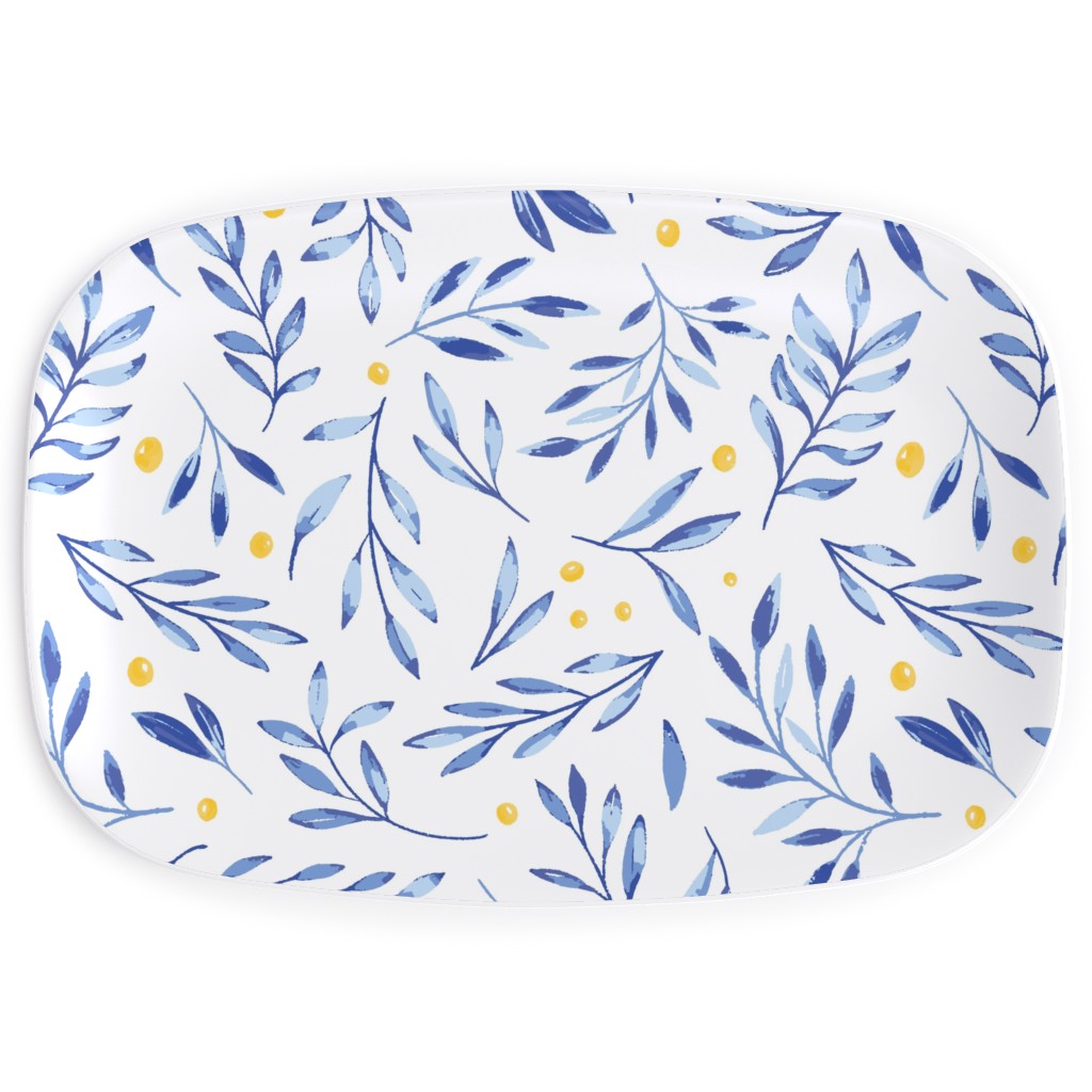 Blue Leaves With Berries Serving Platter, Blue, True Blue