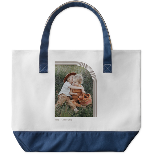 Arched Border Large Tote, Navy, Photo Personalization, Large Tote, Brown