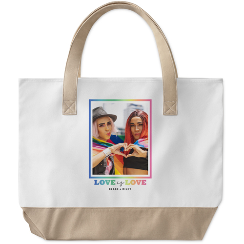 Love Is Love Border Large Tote, Beige, Photo Personalization, Large Tote, White, white