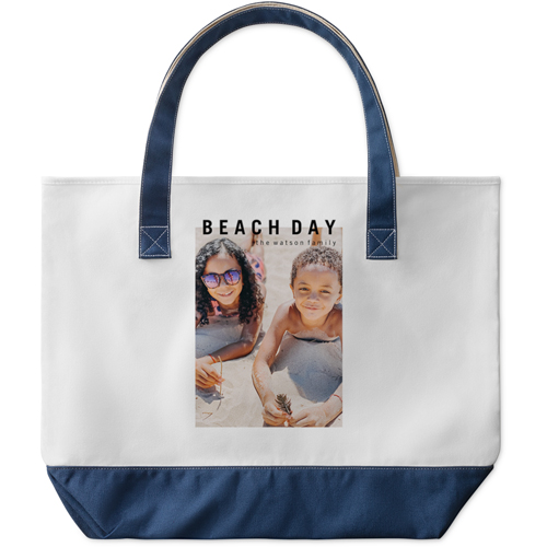 Tile Frame Large Tote, Navy, Photo Personalization, Large Tote, White