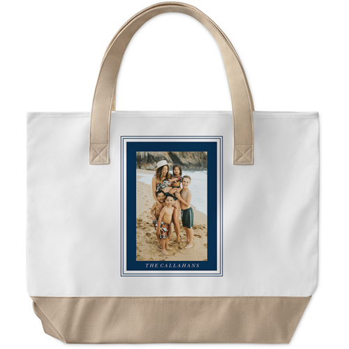 Nautical Stripes Large Tote, Beige, Photo Personalization, Large Tote, Blue