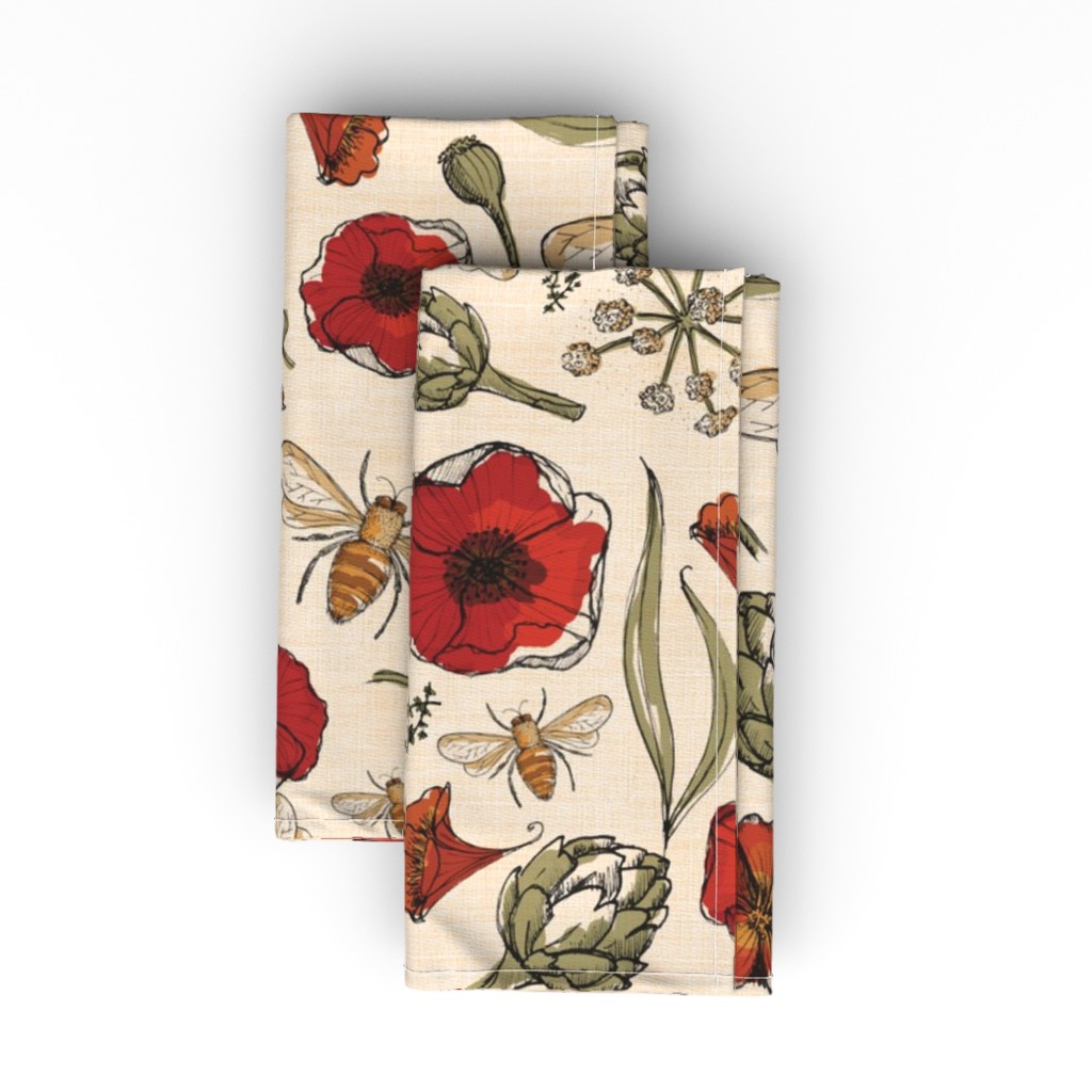 the Art of Beekeeping - Bees, Artichokes, Poppies Cloth Napkin, Longleaf Sateen Grand, Multicolor