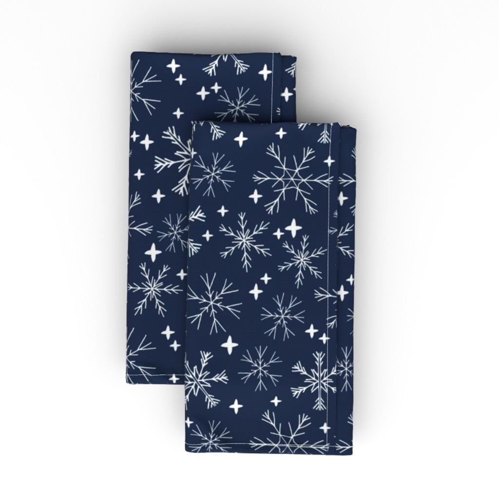Winter Snowflakes on Navy Blue Cloth Napkin, Longleaf Sateen Grand, Blue