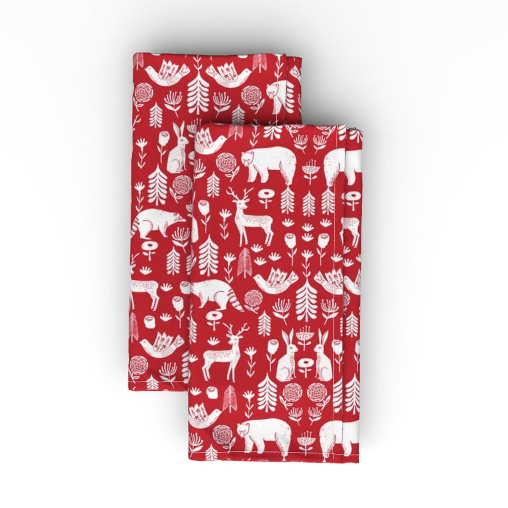 Christmas Folk Scandinavian Winter Holiday Forest Animals - Red Cloth Napkin, Longleaf Sateen Grand, Red