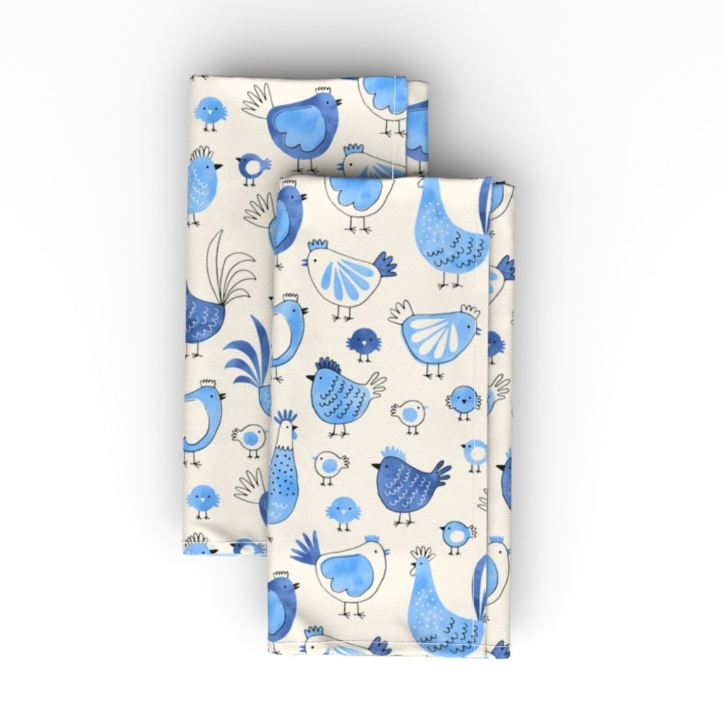 Chicken and Rooster - Watercolor - Blue on Creme Cloth Napkin, Longleaf Sateen Grand, Blue