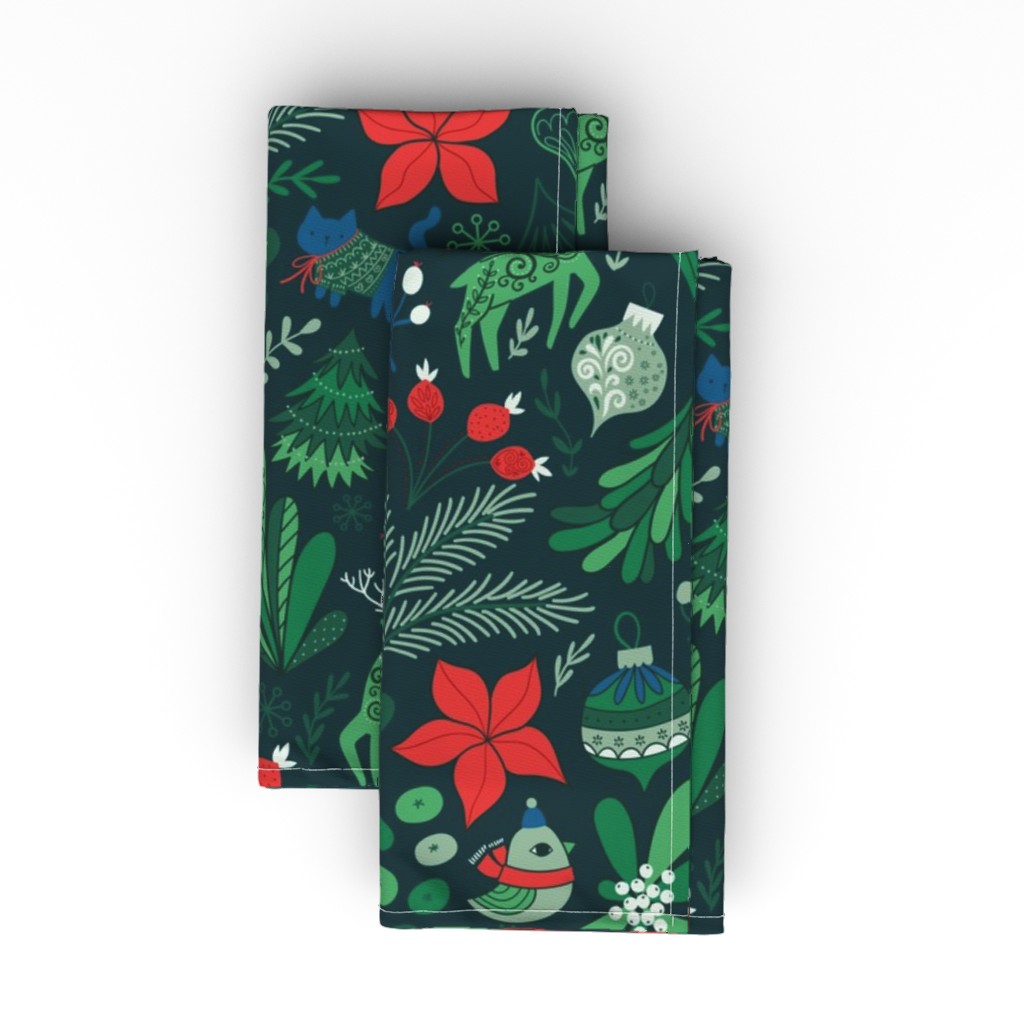 Merry Christmas Botanical - Red & Green Cloth Napkin, Longleaf Sateen Grand, Green