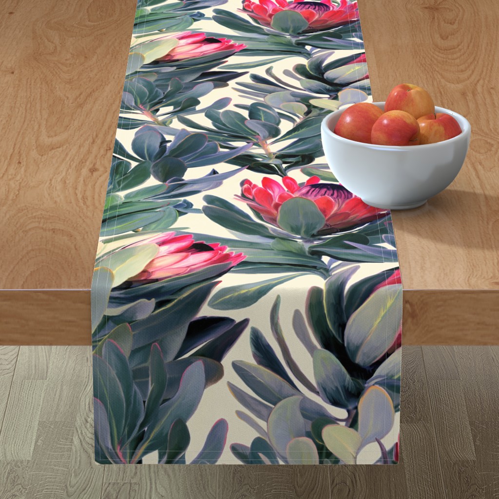 Painted Protea Floral - Green & Pink Table Runner, 108x16, Multicolor