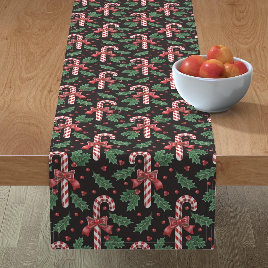 Vintage Christmas Candy on Black Table Runner, 108x16, Multicolor