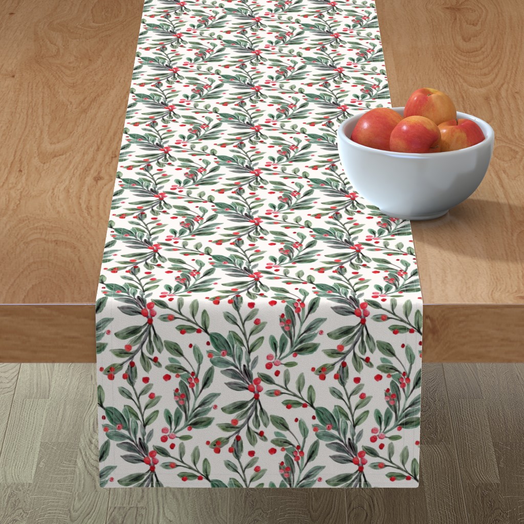 Mistletoe and Red Berries - Green and Red Table Runner, 108x16, Green