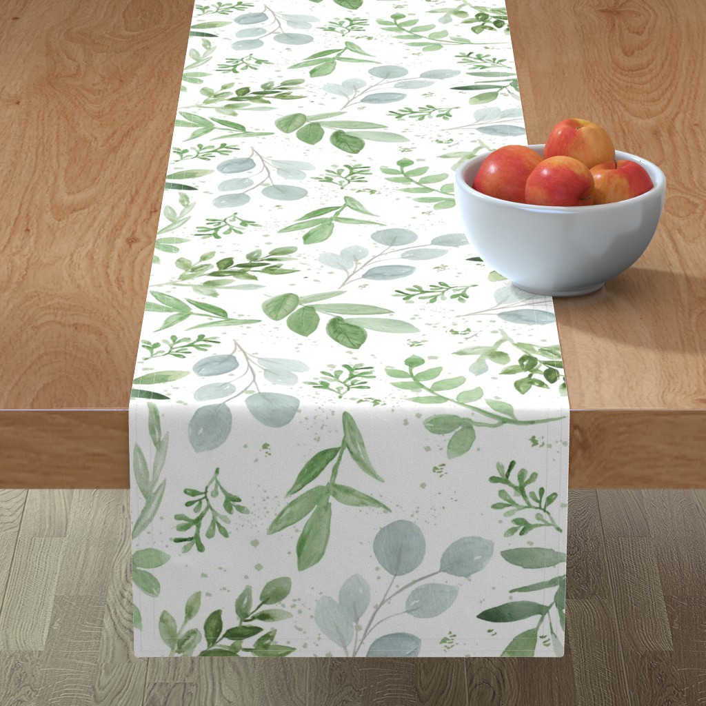 Watercolor Leaves - Green Table Runner, 72x16, Green