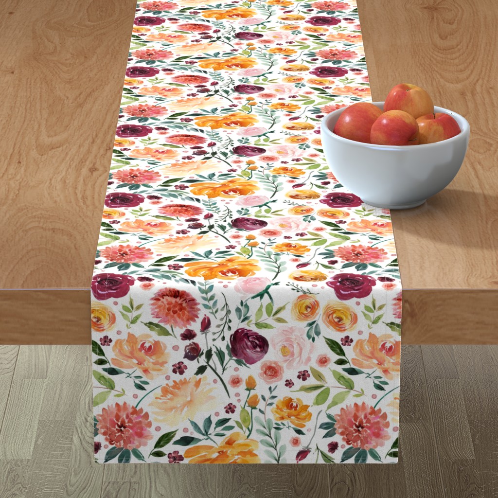 Orange Burgandy Floral Table Runner, 72x16, Multicolor