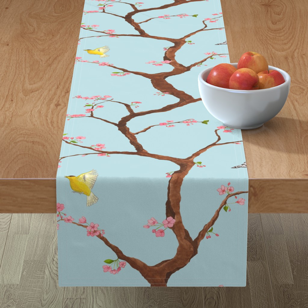 Jenny Modern Cherry Blossoms Table Runner, 90x16, Blue