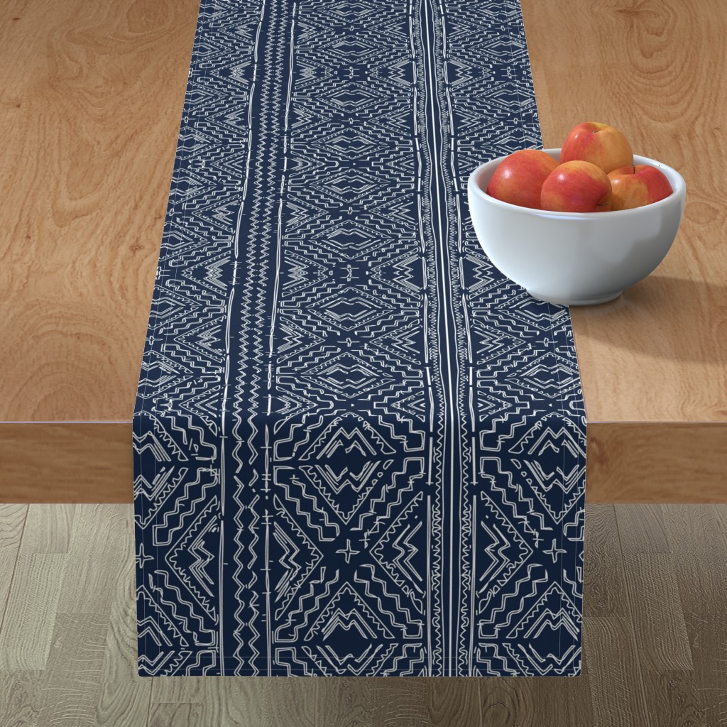 African Mudcloth - White on Blue Table Runner, 90x16, Blue