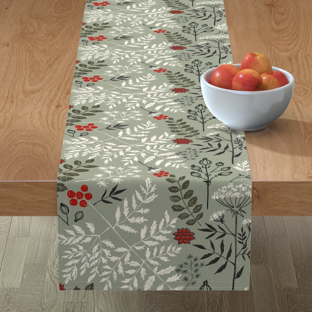 Floral Block Print - Green Table Runner, 90x16, Green