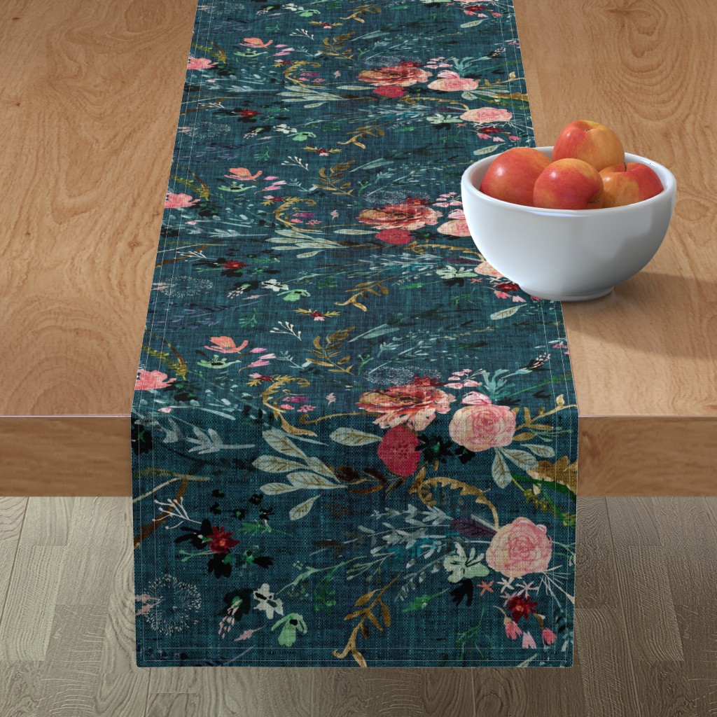 Fable Floral Table Runner, 90x16, Blue