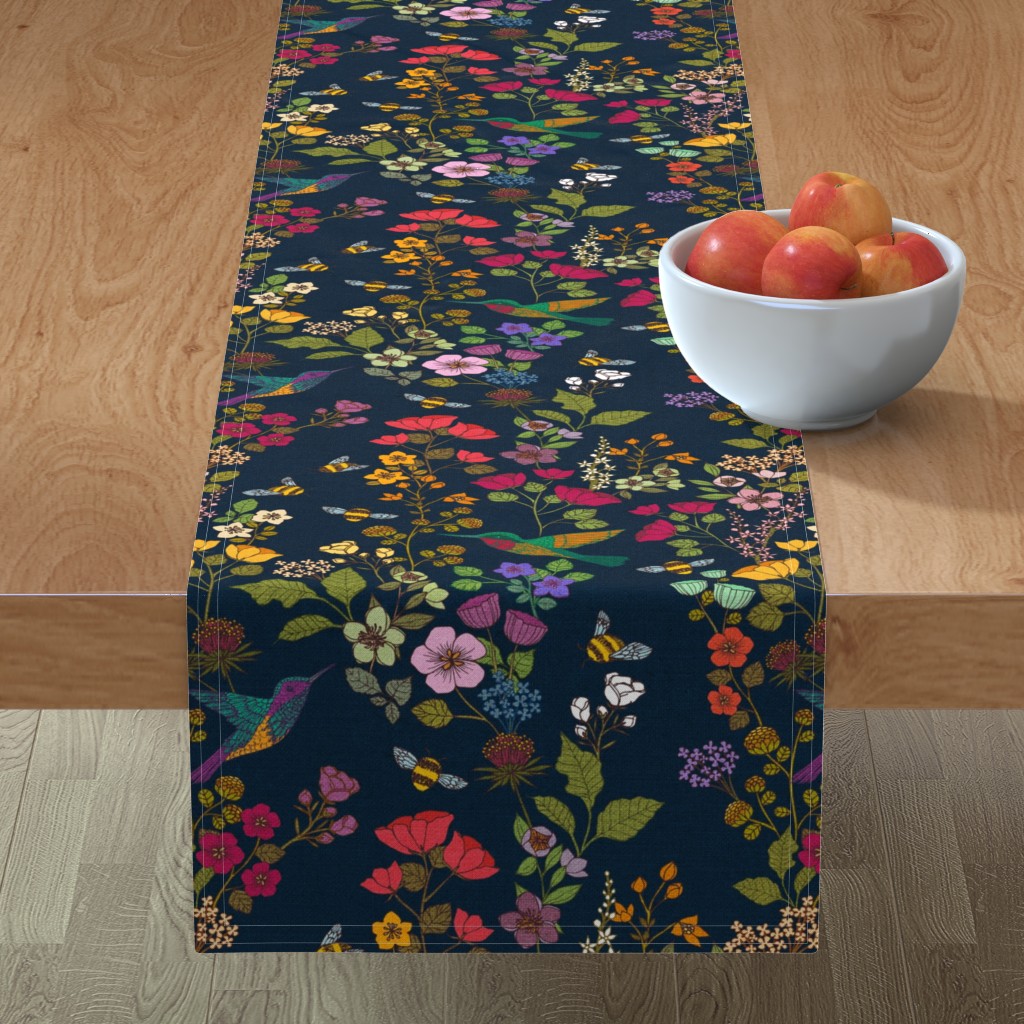 Hummingbirds and Bees - Deep Blue Table Runner, 90x16, Multicolor