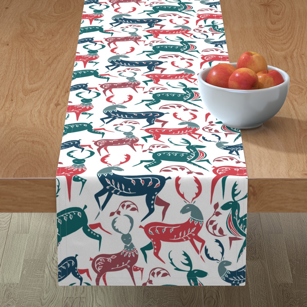 Christmas Deer on White Table Runner, 90x16, Multicolor