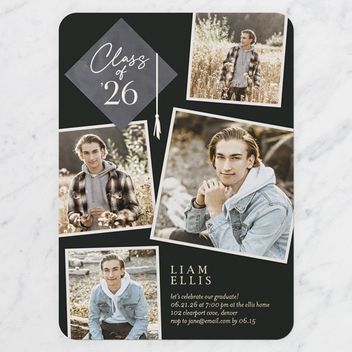 Tassel Snapshots Graduation Invitation, Gold Foil, Black, 5x7, Matte, Personalized Foil Cardstock, Rounded, Black