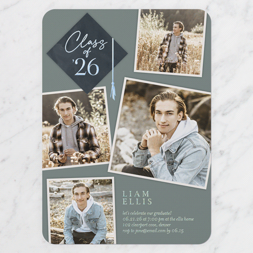 Tassel Snapshots Graduation Invitation, Iridescent Foil, Green, 5x7, Matte, Personalized Foil Cardstock, Rounded, Mantis