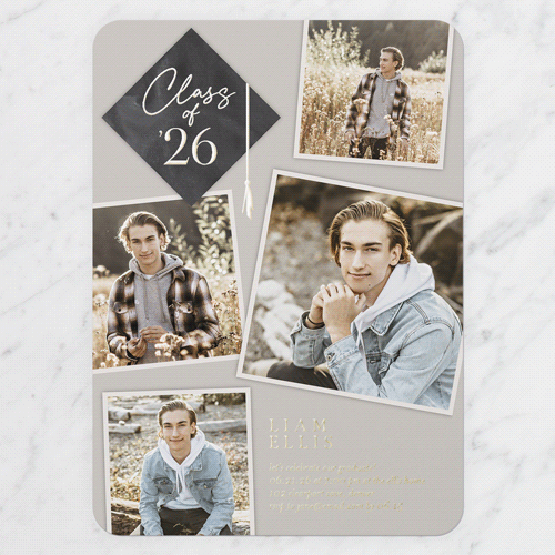 Tassel Snapshots Graduation Invitation, Beige, Gold Foil, 5x7, Matte, Personalized Foil Cardstock, Rounded, Pebble