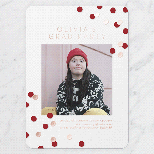Collegiate Confetti Graduation Invitation, White, Rose Gold Foil, 5x7, Write Your Own, Matte, Personalized Foil Cardstock, Rounded