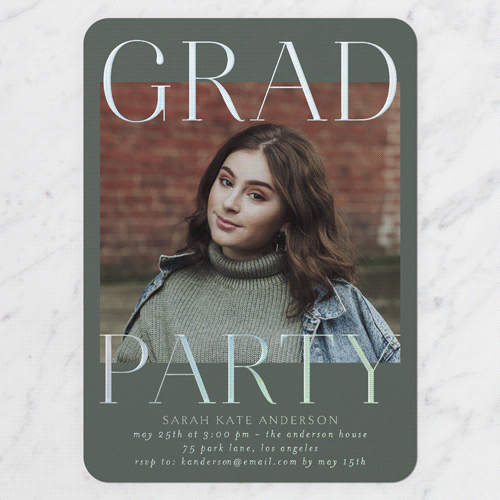Proud Type Graduation Invitation, Iridescent Foil, Green, 5x7, Matte, Personalized Foil Cardstock, Rounded, Hunter