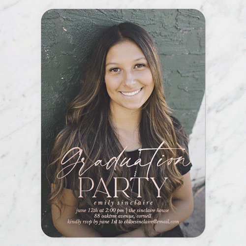 Graceful Designation Graduation Invitation, Rose Gold Foil, White, 5x7, Matte, Personalized Foil Cardstock, Rounded