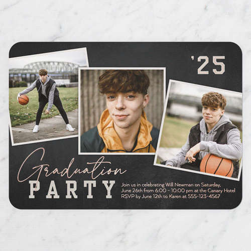 Snapshot Overlay Graduation Invitation, Rounded Corners, Rose Gold Foil, Black, 5x7 Digital Foil Card, 2025