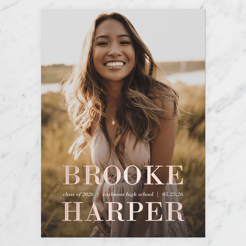 Basic Namesake Graduation Announcement, White, Rose Gold Foil, 5x7, Write Your Own, Matte, Personalized Foil Cardstock, Square, White