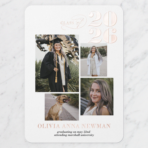 Graceful Class Graduation Announcement, Rose Gold Foil, White, 5x7, Matte, Personalized Foil Cardstock, Rounded, White