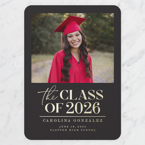 Classic Class Showcase Graduation Announcement, Grey, Gold Foil, 5x7, Matte, Personalized Foil Cardstock, Rounded, Charcoal