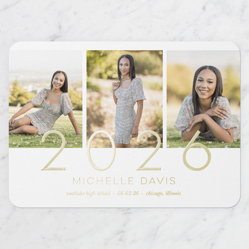 Remarkably Radiant Graduation Announcement, White, Gold Foil, 5x7, Matte, Personalized Foil Cardstock, Rounded, White