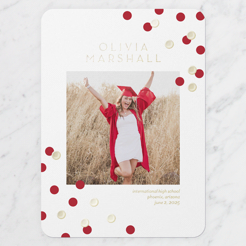 Collegiate Confetti Graduation Announcement, Gold Foil, White, 5x7, Write Your Own, Matte, Personalized Foil Cardstock, Rounded