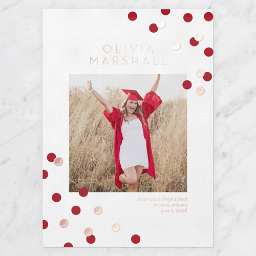 Collegiate Confetti Graduation Announcement, White, Rose Gold Foil, 5x7, Write Your Own, Matte, Personalized Foil Cardstock, Square, White