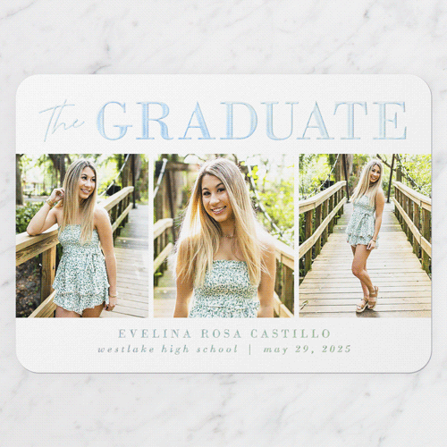 Shining Style Graduation Announcement, Iridescent Foil, Green, 5x7, Matte, Personalized Foil Cardstock, Rounded