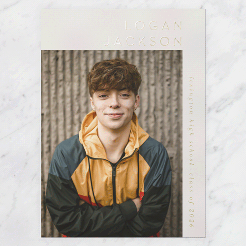 Corner Expression Graduation Announcement, Grey, Gold Foil, 5x7, Write Your Own, Matte, Personalized Foil Cardstock, Square, Whisper Gray